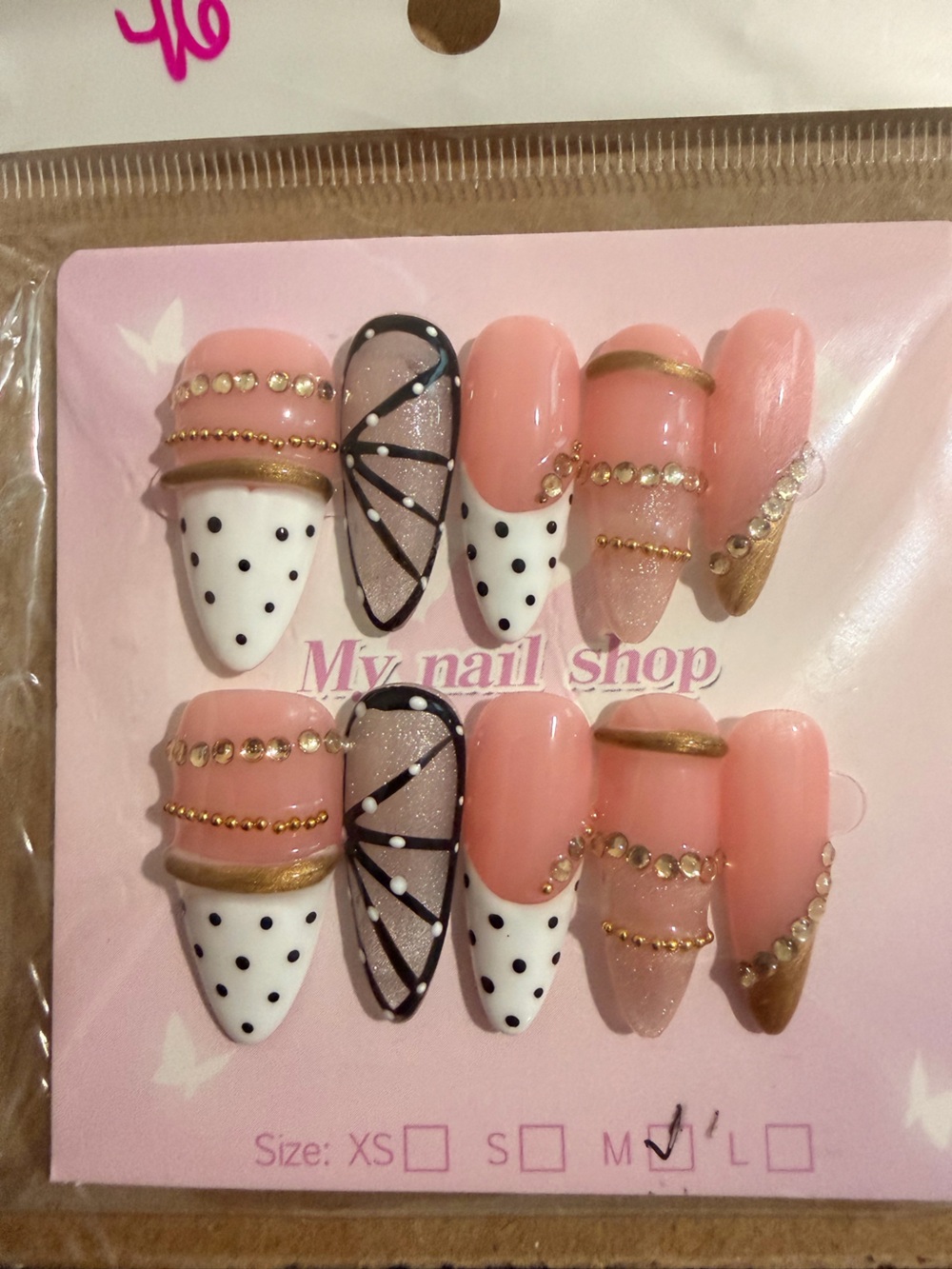 My Nail Shop Peach Pink & White Rhinestone Press-On Nails